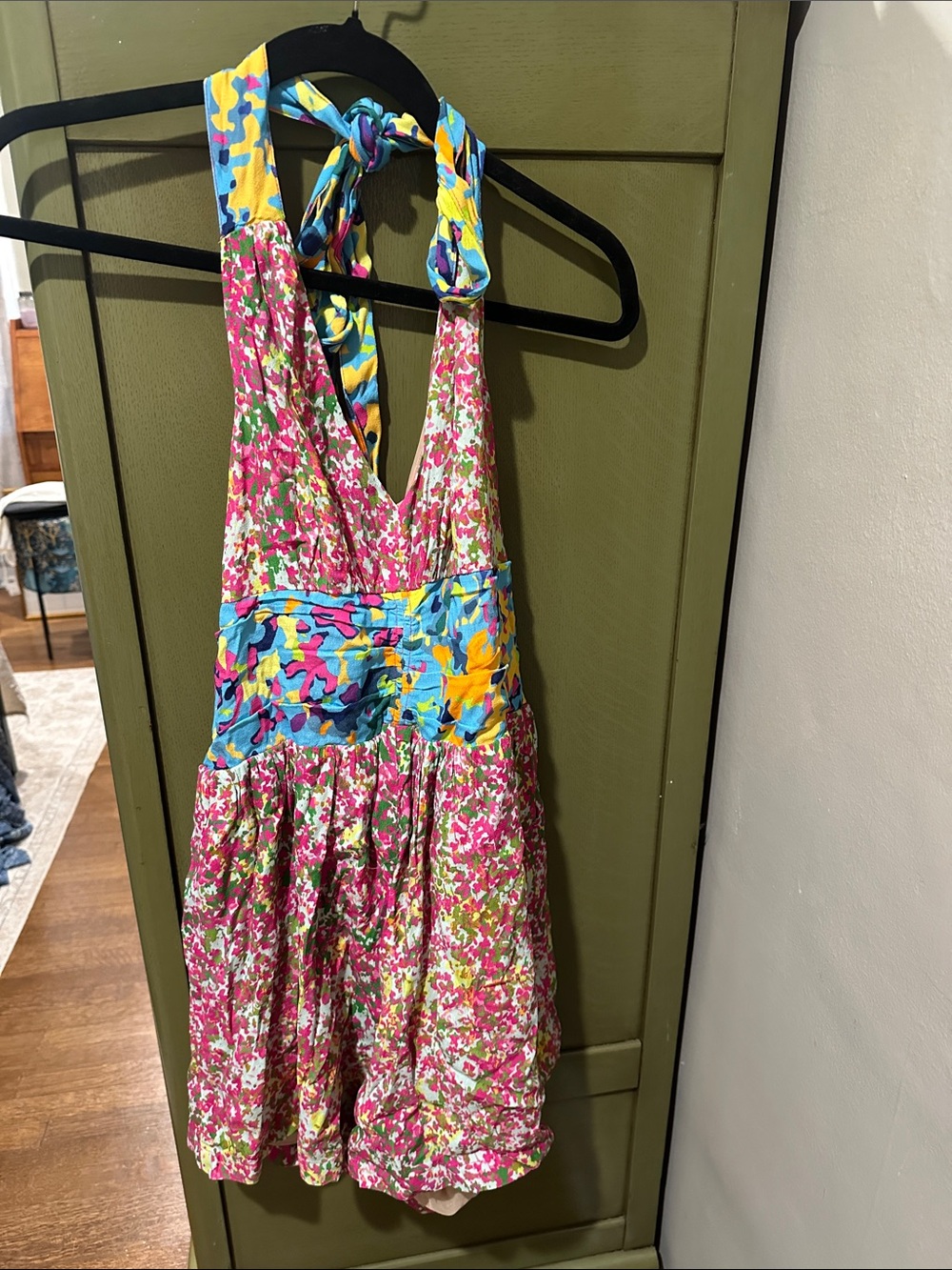 Anthropologie Pink Floral Halter Mini Dress with Blue-Yellow Waistband